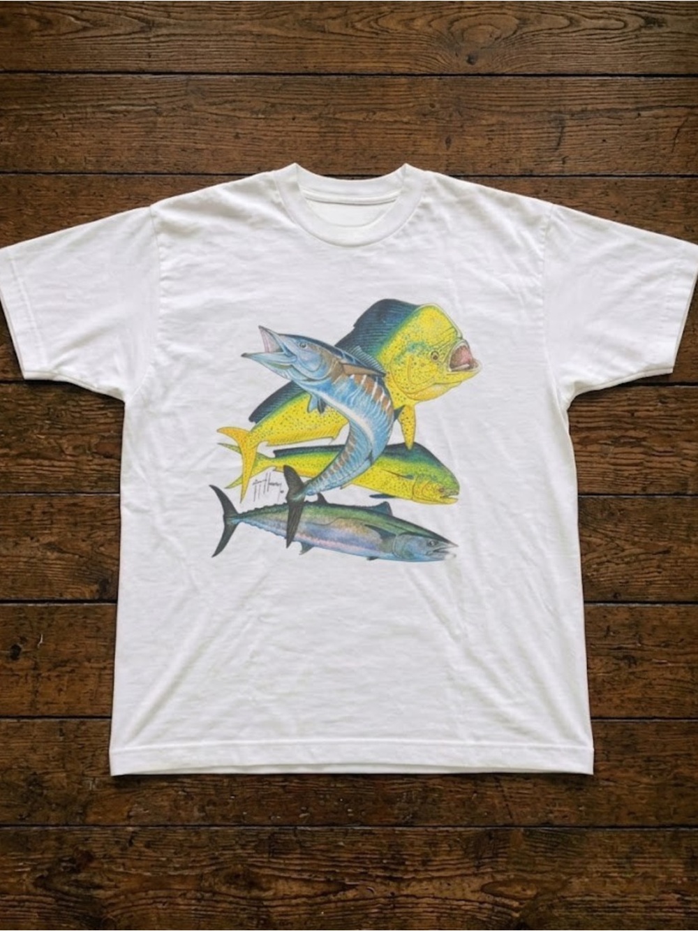 White Fishing Graphic Tee with Yellow & Blue Fish Design